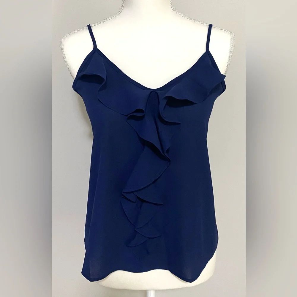 Paper Crane Womens S Solid Navy Blue Sheer Ruffle Cami Top Boho-chic Preppy - Picture 2 of 16